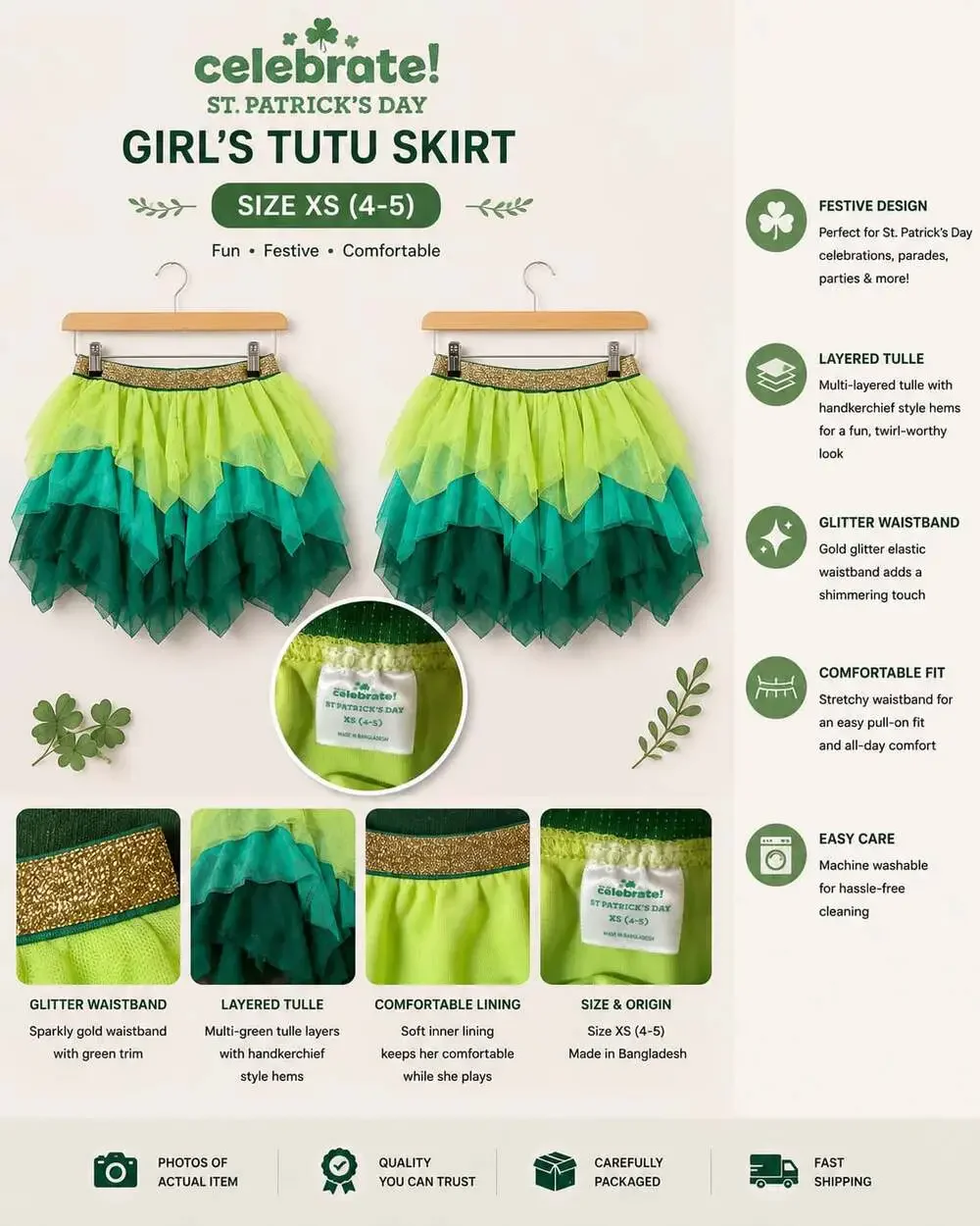 Celebrate! St. Patrick's Day Girls Multi-Layered Tulle Tutu Skirt Size XS (4-5)